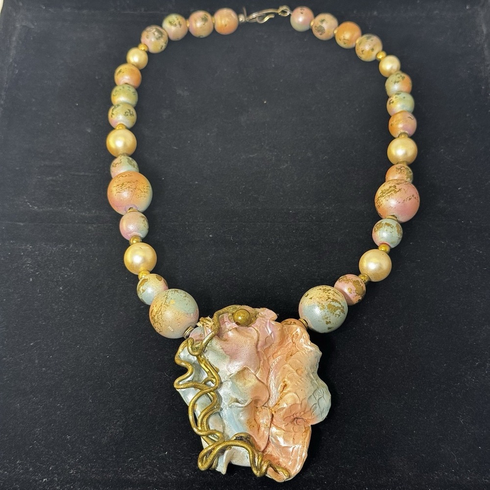 Vintage Carolyn Tanner Statement Piece Necklace Pastels w/Gold Accents Sculpted